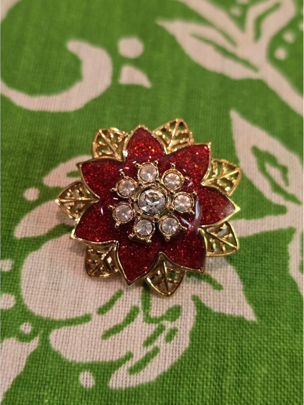 VTG AVON Poinsettia Christmas Red Enamel Goldtone Clear Rhinestone Post Earrings - Picture 6 of 7